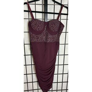 Mele E Pere Burgundy Rhinestone Adorned Sleeveless Dress